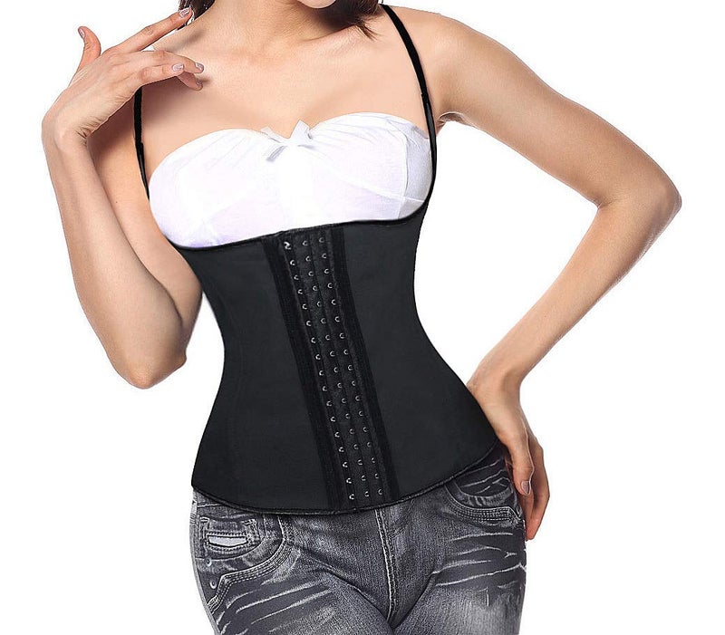 Charmian كورسيه شيرميان للنساء مصنوع من الفولاذ مع 3 صفوف من الخطافات تحت الصدر لتدريب الخصر الرياضي شكل الجسم سترة هالتر لاتكس أسود صغير - Image 2